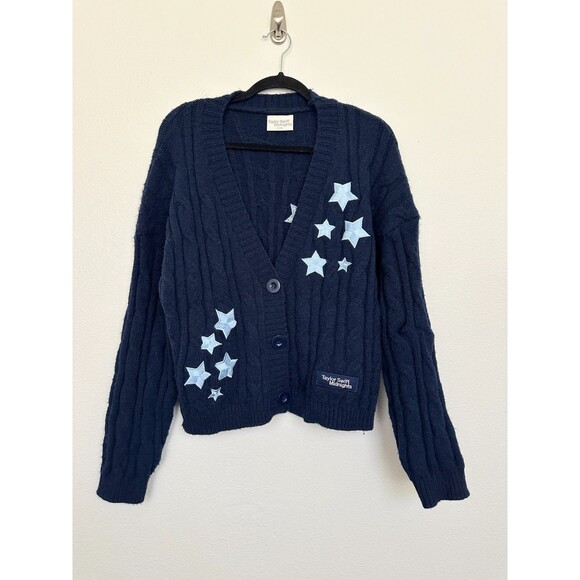 Taylor Swift Midnights Stars Chunky Knit V-Neck Cardigan Navy Blue